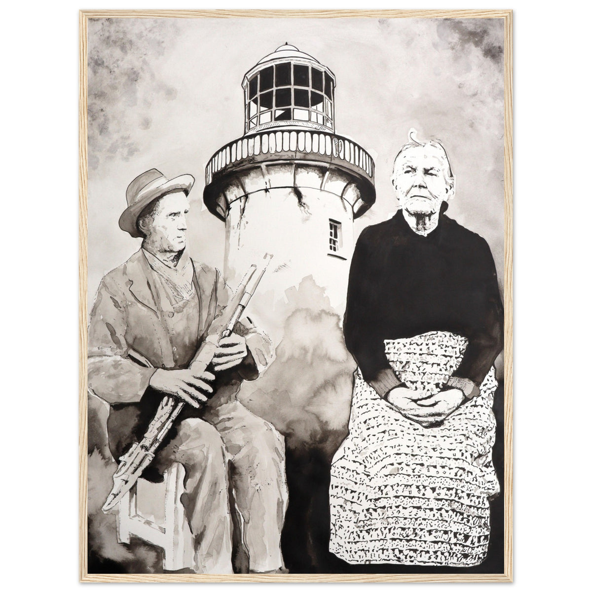 Róise Rua & Uilleann Piper, Aranmore Island print in a natural oak frame