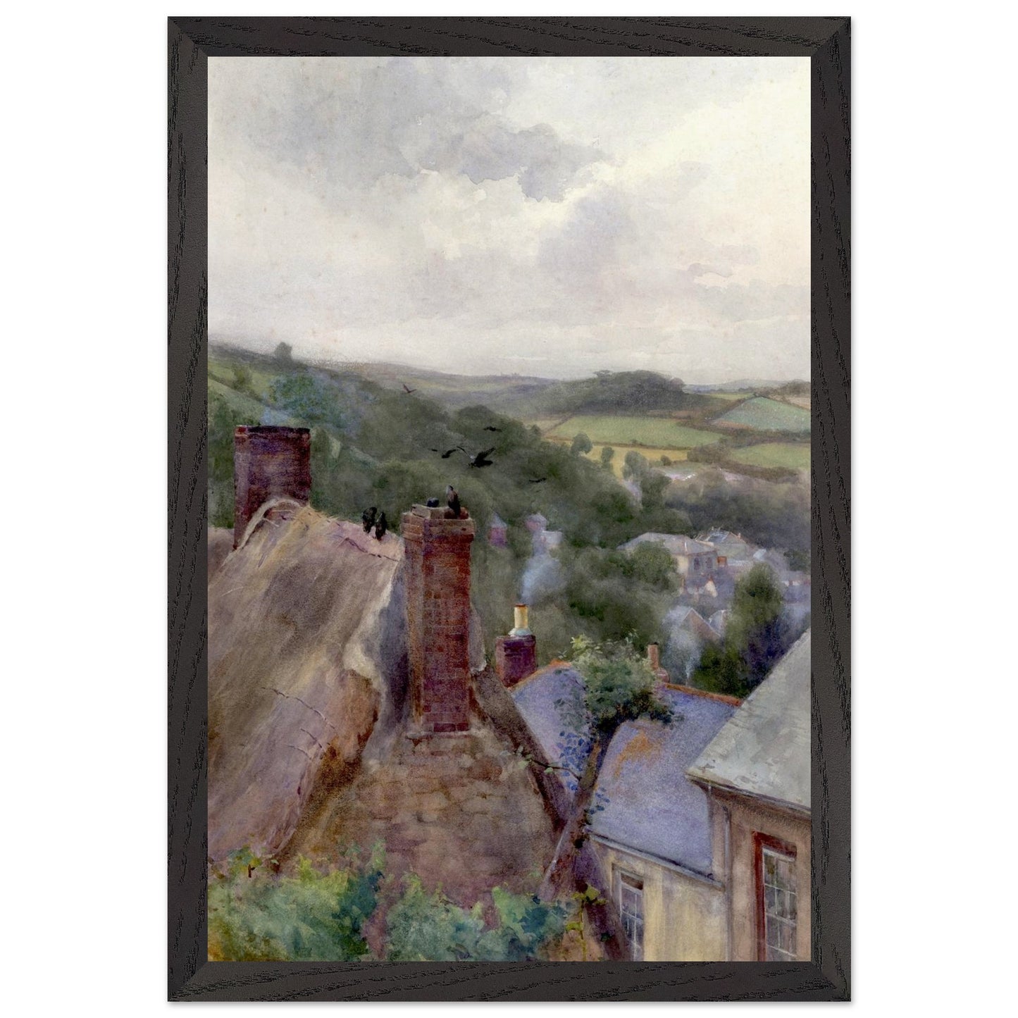 Rooftops, Thomastown, Kilkenny by Mildred Anne Butler print framed in black solid wood