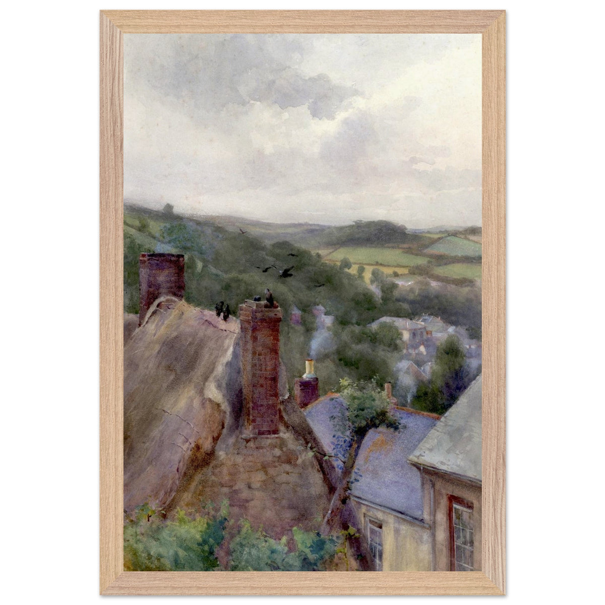 Rooftops, Thomastown, Kilkenny by Mildred Anne Butler print framed in natural oak