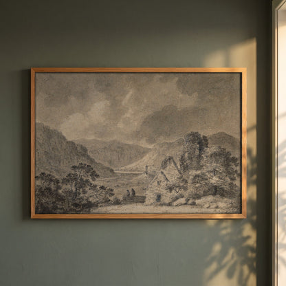Saint Saviour's, Saint Kevin's and the Lower Lake, Glendalough framed print in a natural oak frame on a dark green wall beside a window, dappled plant shadow