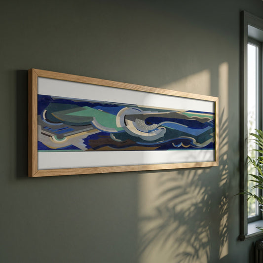 A Composition, Sea Rhythm framed print in a natural oak frame on a dark green wall beside a window, dappled plant shadow