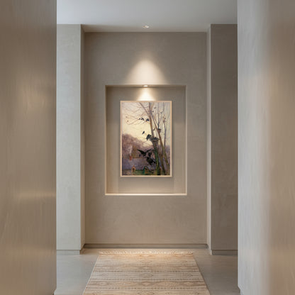 Shades of Evening by Mildred Anne Butler in natural oak frame displayed in recessed wall niche