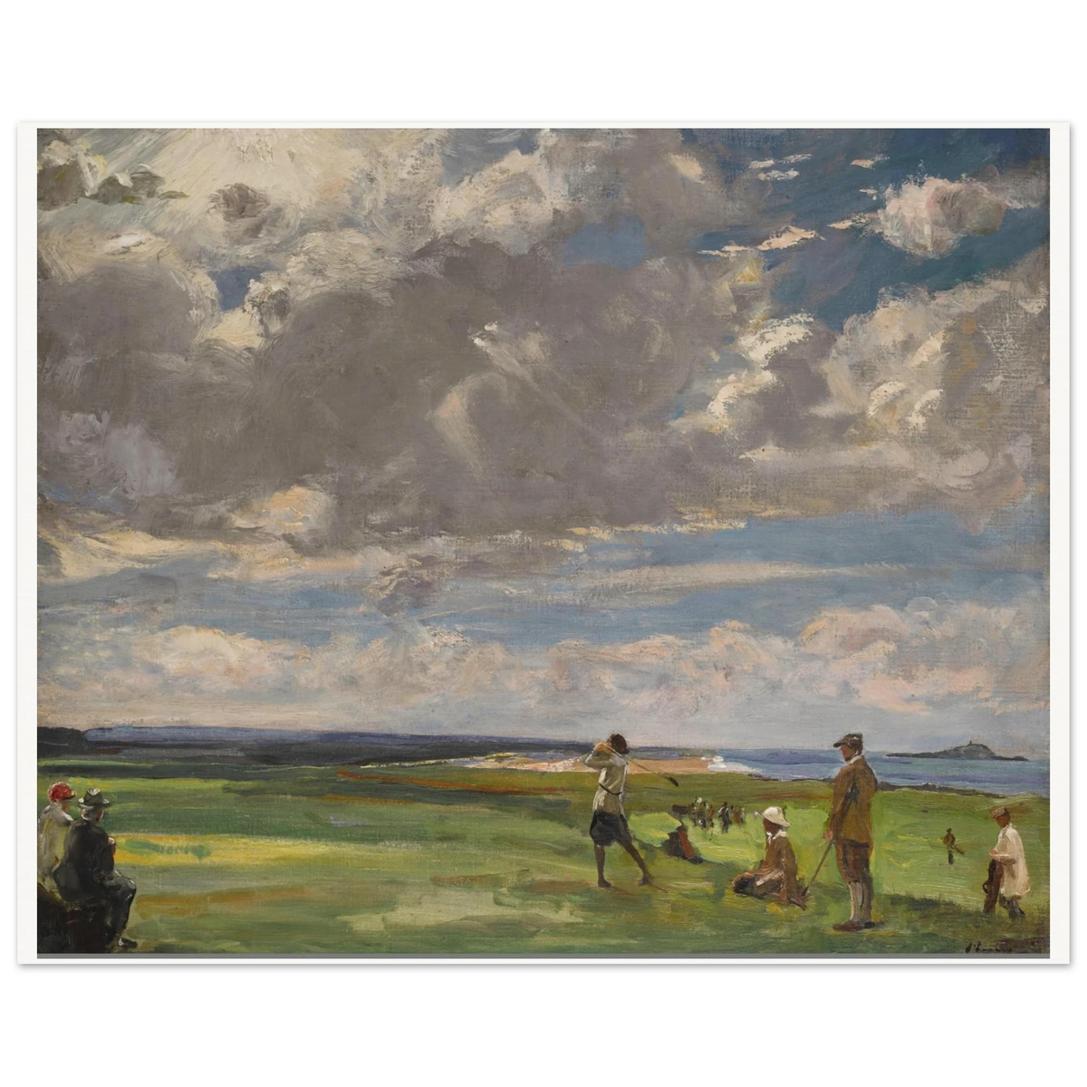 Sir John Lavery golf painting of players and caddies on seaside links, unframed print