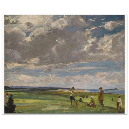 Sir John Lavery golf painting of players and caddies on seaside links, unframed print