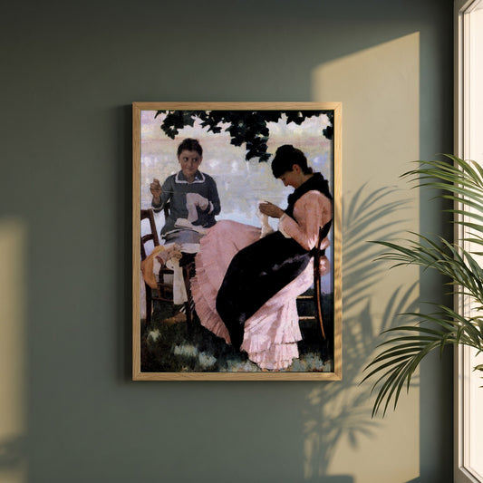 Sewing in the Shade framed print in a natural oak frame on a dark green wall beside a window, dappled plant shadow