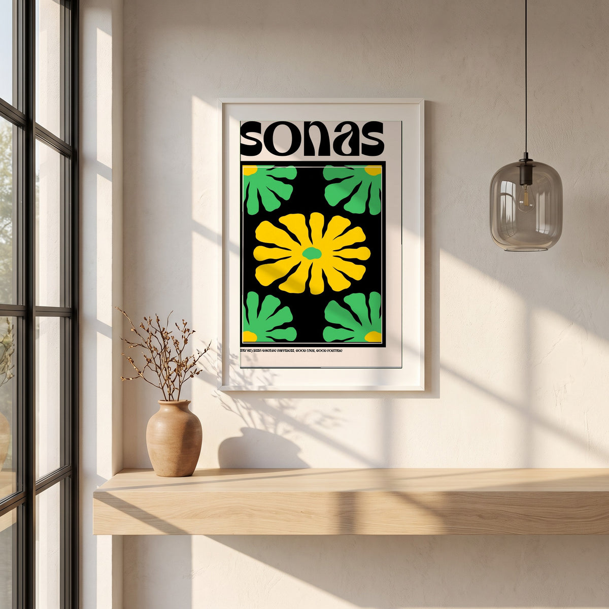 Sonas framed print in a white frame on a plaster wall above an oak worktop in a bright Scandinavian kitchen