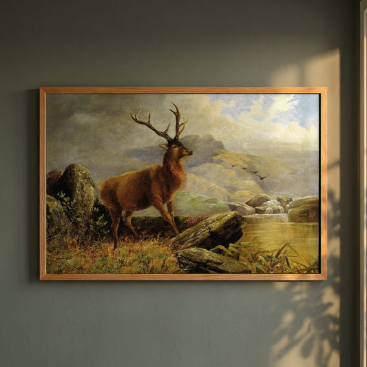 Stag at Mountain Stream framed print in a natural oak frame on a dark green wall beside a window, dappled plant shadow