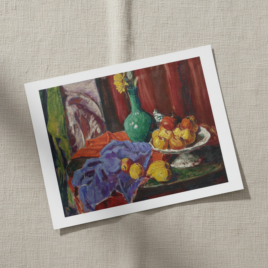 Still Life of Fruit and Green Vase by Roderic O'Conor unframed print lying at an angle on linen fabric