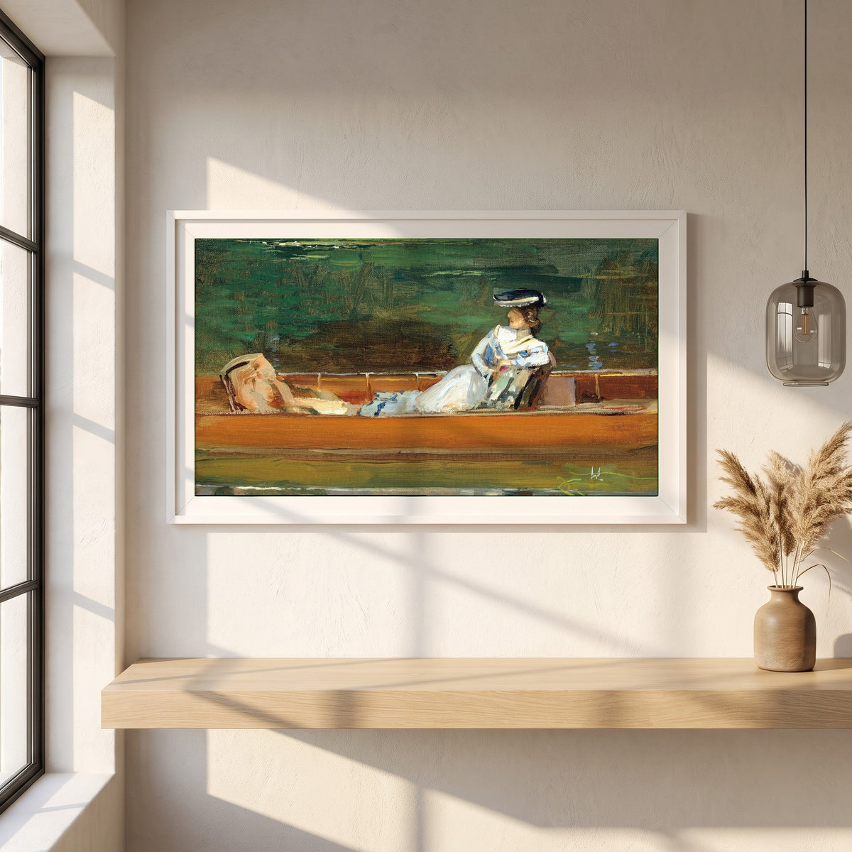 Summertime framed print in a white frame on a plaster wall above an oak worktop in a bright Scandinavian kitchen