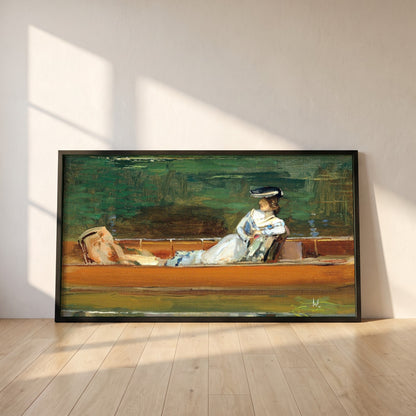 Summertime framed print in a black frame leaning against a white plaster wall on oak floorboards in morning light