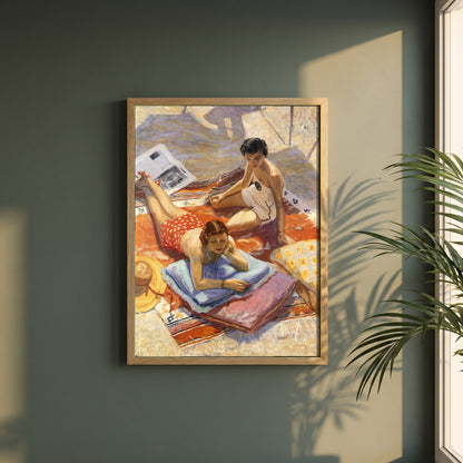 Sunbathers framed print in a natural oak frame on a dark green wall beside a window, dappled plant shadow