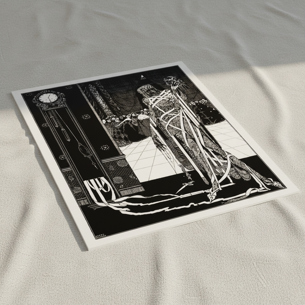 The Dagger Dropped by Harry Clarke unframed print lying on a cream linen sheet