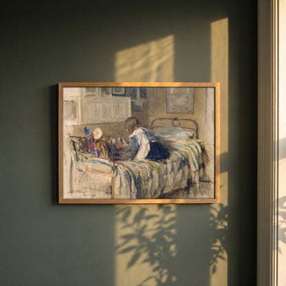 The Dolls’ School framed print in a natural oak frame on a dark green wall beside a window, dappled plant shadow