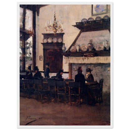 The Dutch Cocoa House by John Lavery print in a pale white frame, figures in a dim tea room