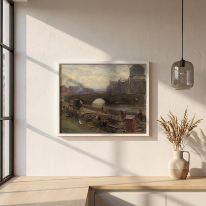 The Four Courts, Dublin framed print in a white frame on a plaster wall above an oak worktop in a bright Scandinavian kitchen