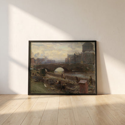 The Four Courts, Dublin framed print in a black frame leaning against a white plaster wall on oak floorboards in morning light