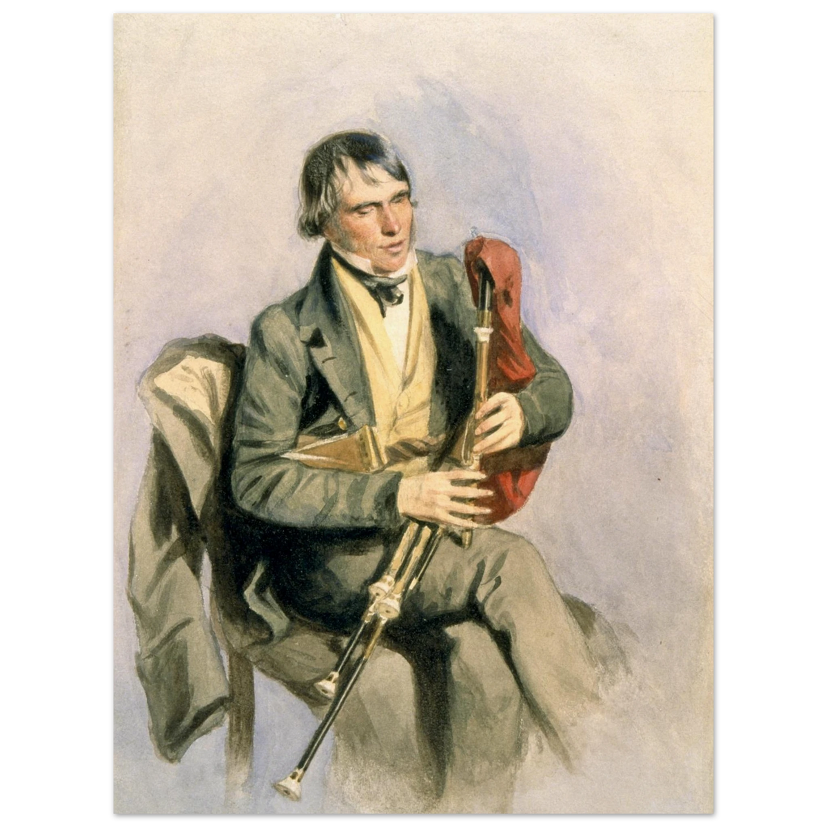 The Galway Piper Paddy Conneely holding uilleann pipes, unframed print with white edge
