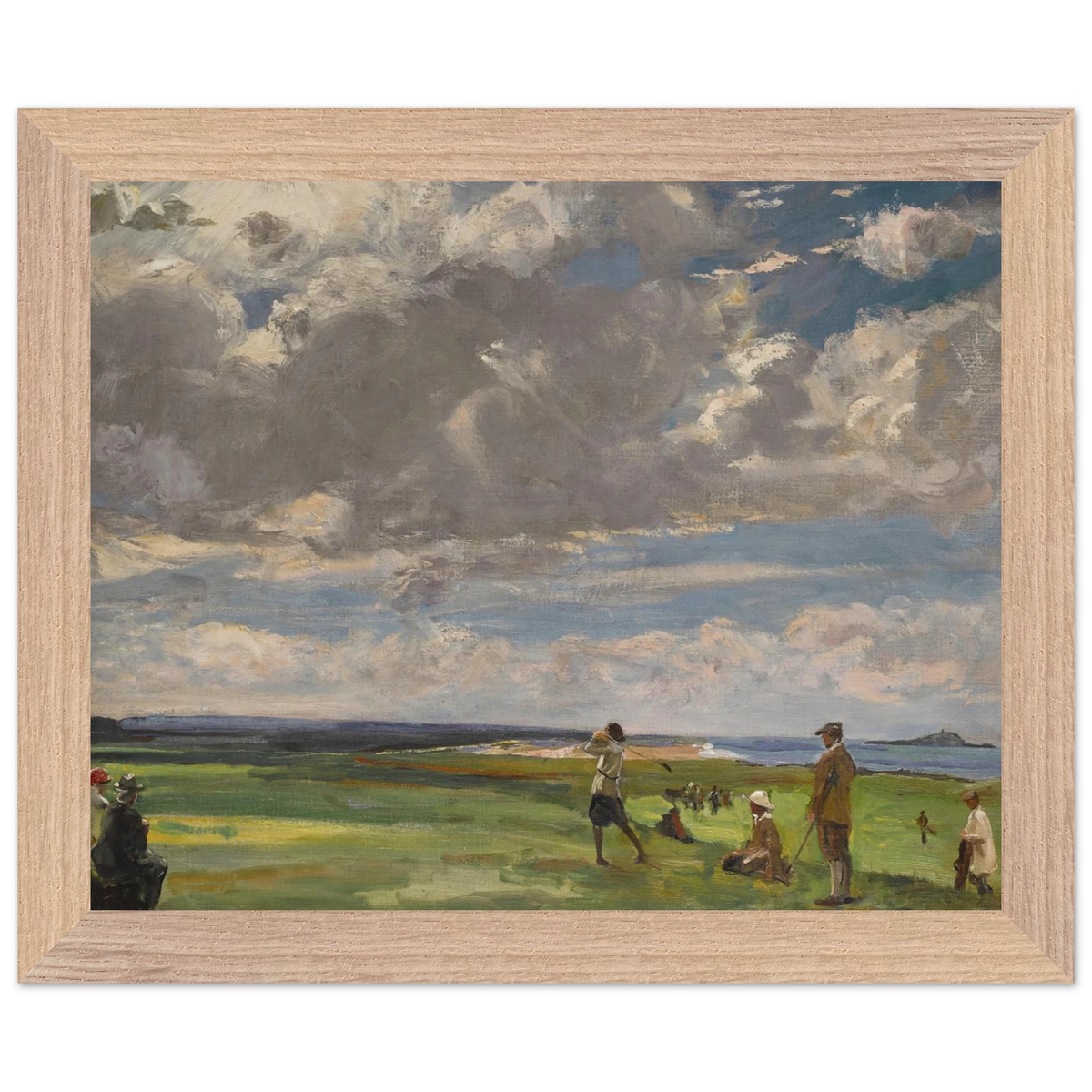 The Golf Links, North Berwick by Sir John Lavery in a wide natural oak frame