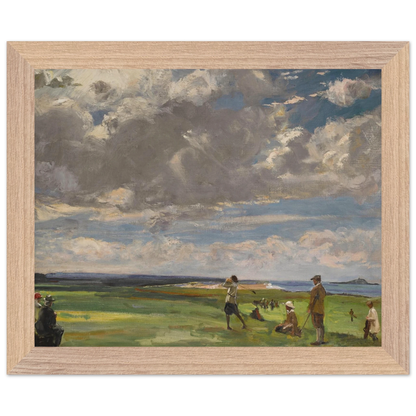 The Golf Links, North Berwick by Sir John Lavery in a wide natural oak frame