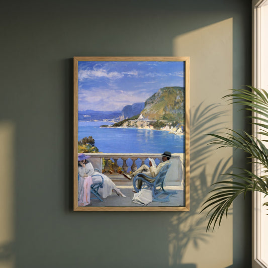 The Honeymoon framed print in a natural oak frame on a dark green wall beside a window, dappled plant shadow