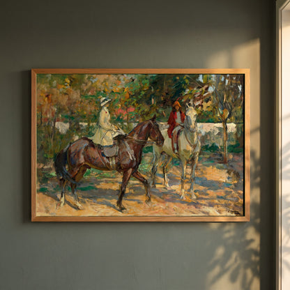 The Morning Ride framed print in a natural oak frame on a dark green wall beside a window, dappled plant shadow