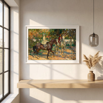 The Morning Ride framed print in a white frame on a plaster wall above an oak worktop in a bright Scandinavian kitchen