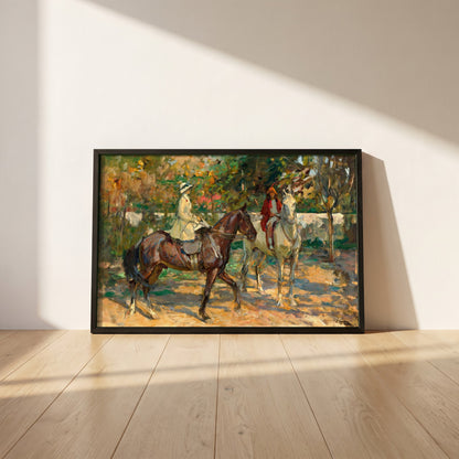 The Morning Ride framed print in a black frame leaning against a white plaster wall on oak floorboards in morning light