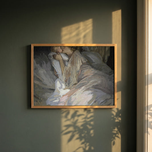 The Mother framed print in a natural oak frame on a dark green wall beside a window, dappled plant shadow