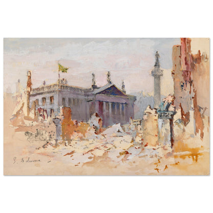 The Ruins of O’Connell Street, 1916, unframed archival art print resting on light linen fabric in soft natural daylight