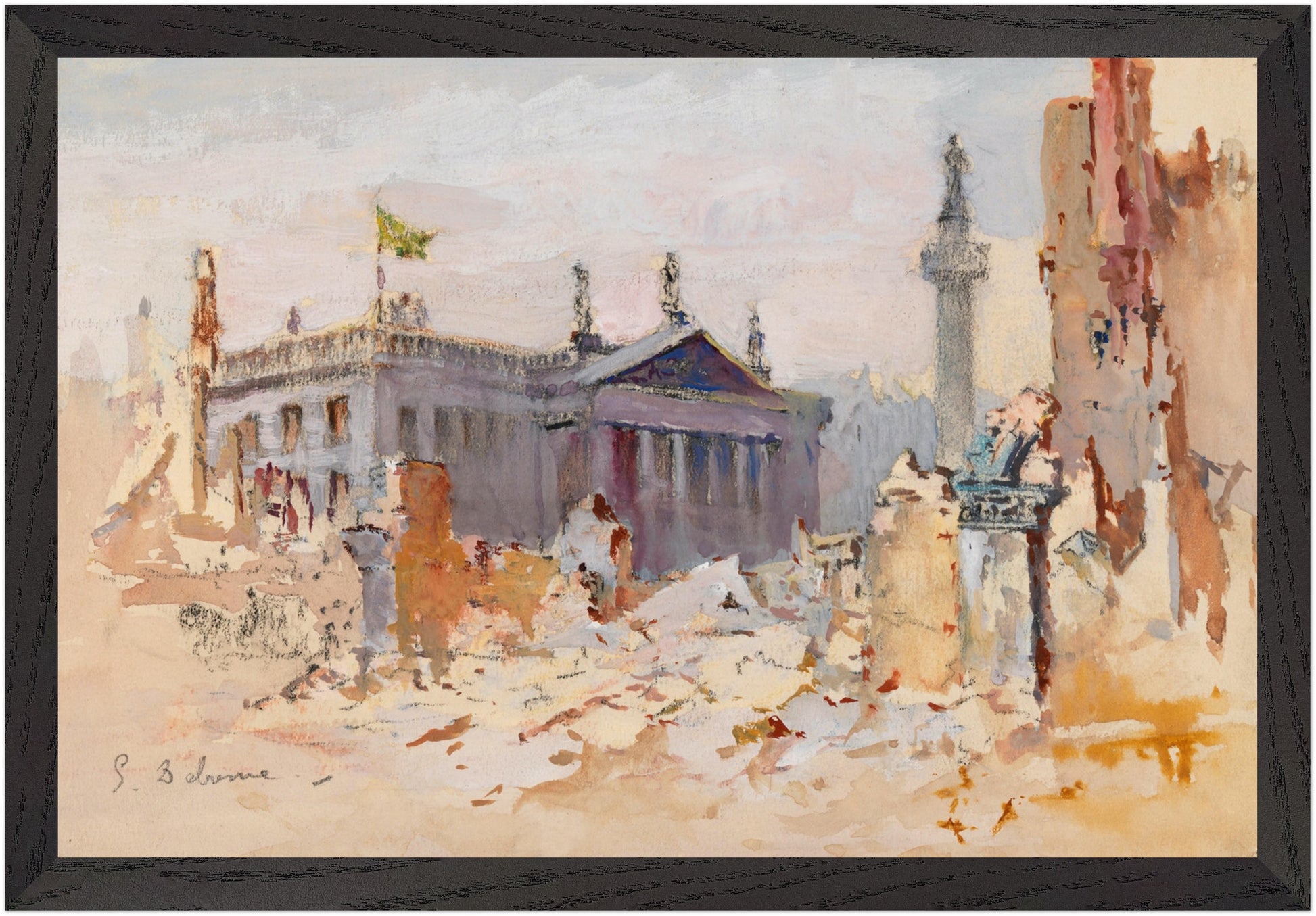 The Ruins of O’Connell Street, 1916, framed Irish historical art print in black gallery frame, 30×45 cm