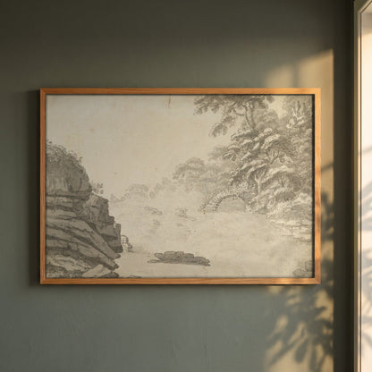 The Salmon Leap, Leixlip framed print in a natural oak frame on a dark green wall beside a window, dappled plant shadow