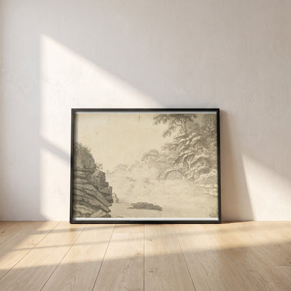The Salmon Leap, Leixlip framed print in a black frame leaning against a white plaster wall on oak floorboards in morning light