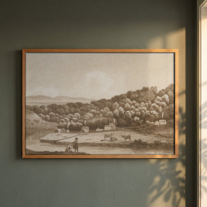 The Secretary of State's House at Palmerston framed print in a natural oak frame on a dark green wall beside a window, dappled plant shadow
