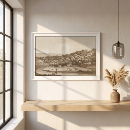 The Secretary of State's House at Palmerston framed print in a white frame on a plaster wall above an oak worktop in a bright Scandinavian kitchen