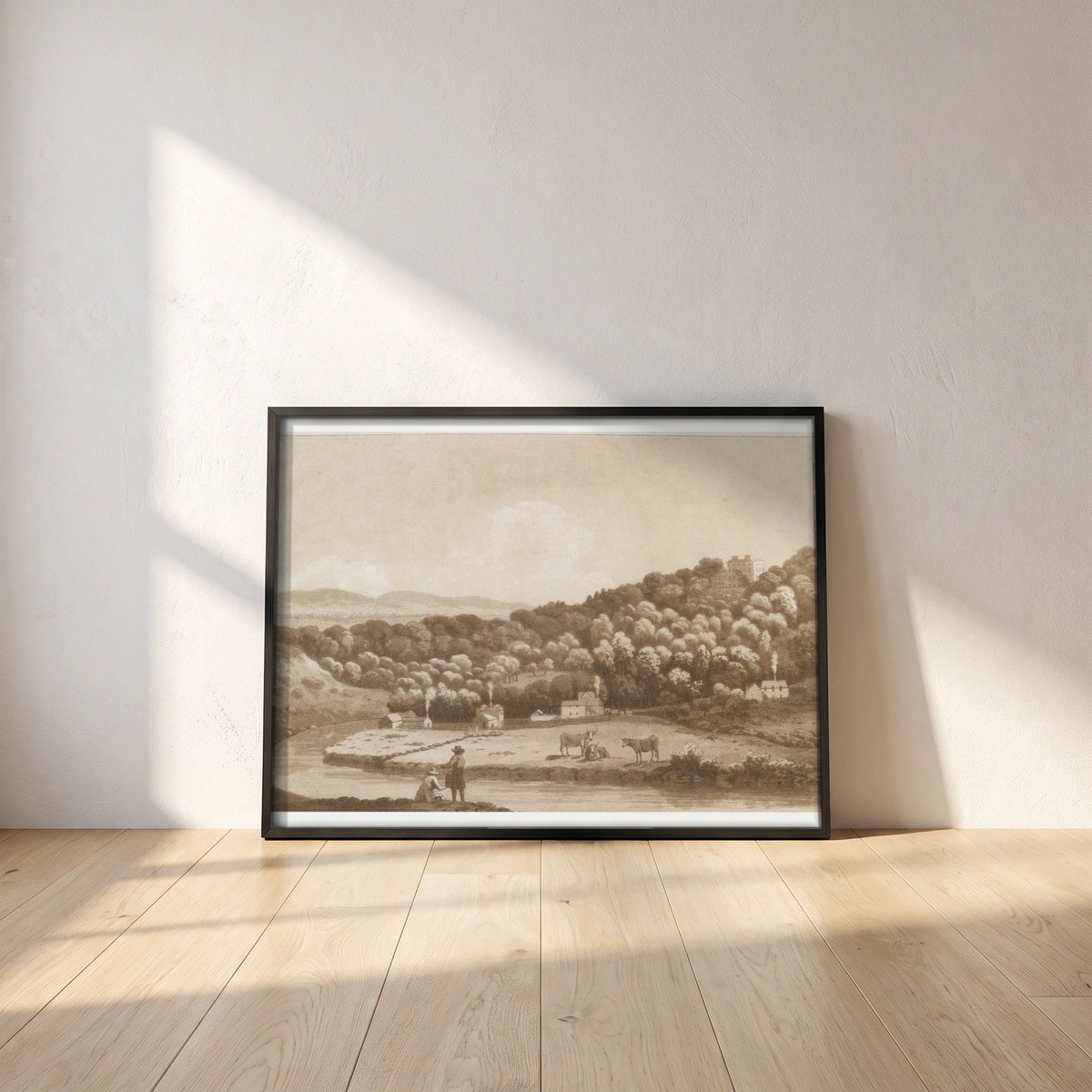 The Secretary of State's House at Palmerston framed print in a black frame leaning against a white plaster wall on oak floorboards in morning light