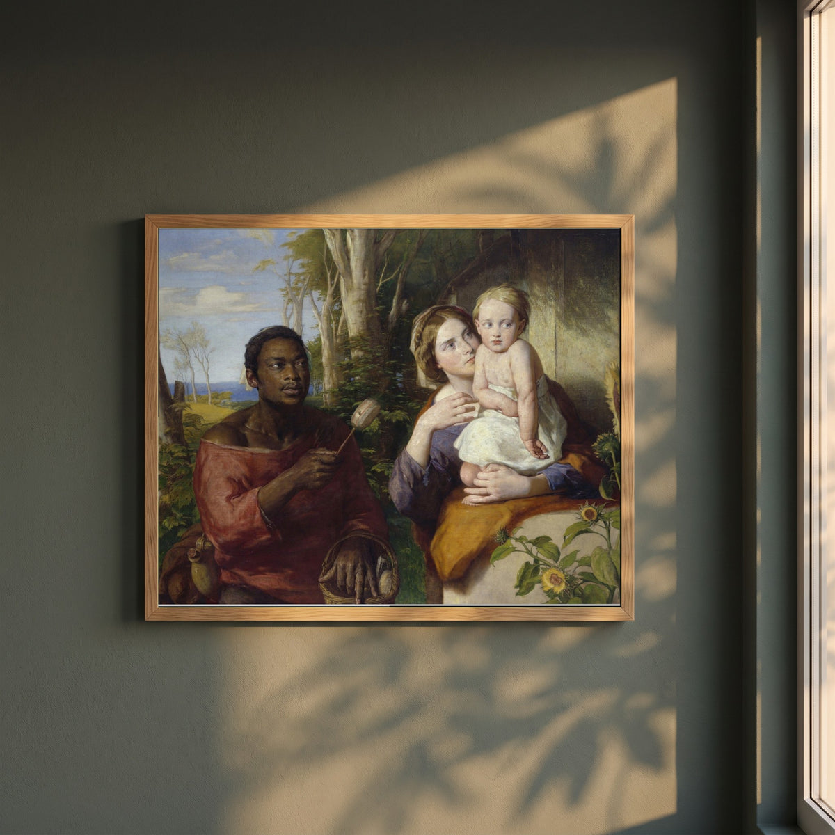 The Toy-Seller framed print in a natural oak frame on a dark green wall beside a window, dappled plant shadow