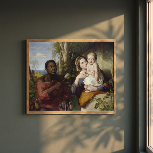 The Toy-Seller framed print in a natural oak frame on a dark green wall beside a window, dappled plant shadow