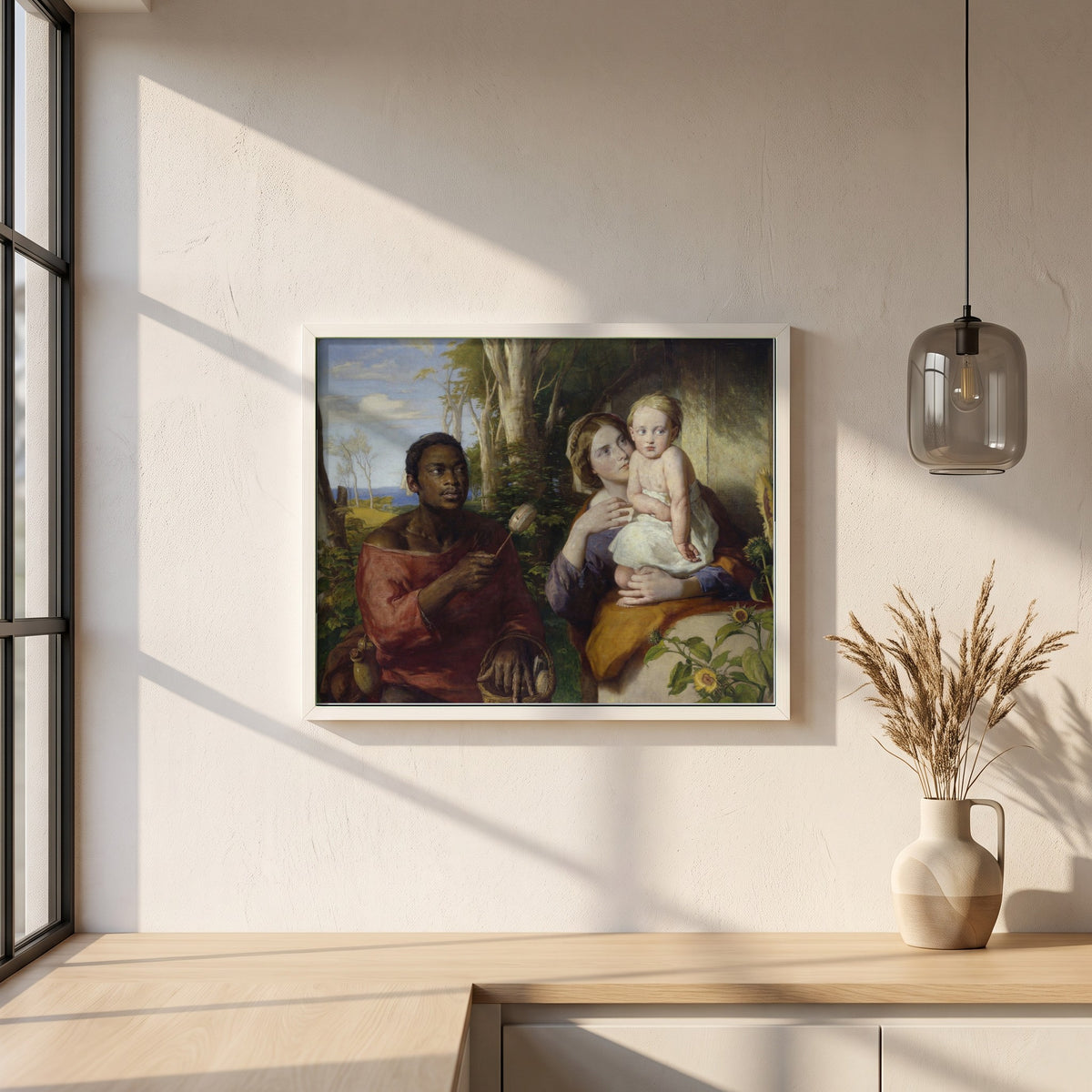 The Toy-Seller framed print in a white frame on a plaster wall above an oak worktop in a bright Scandinavian kitchen