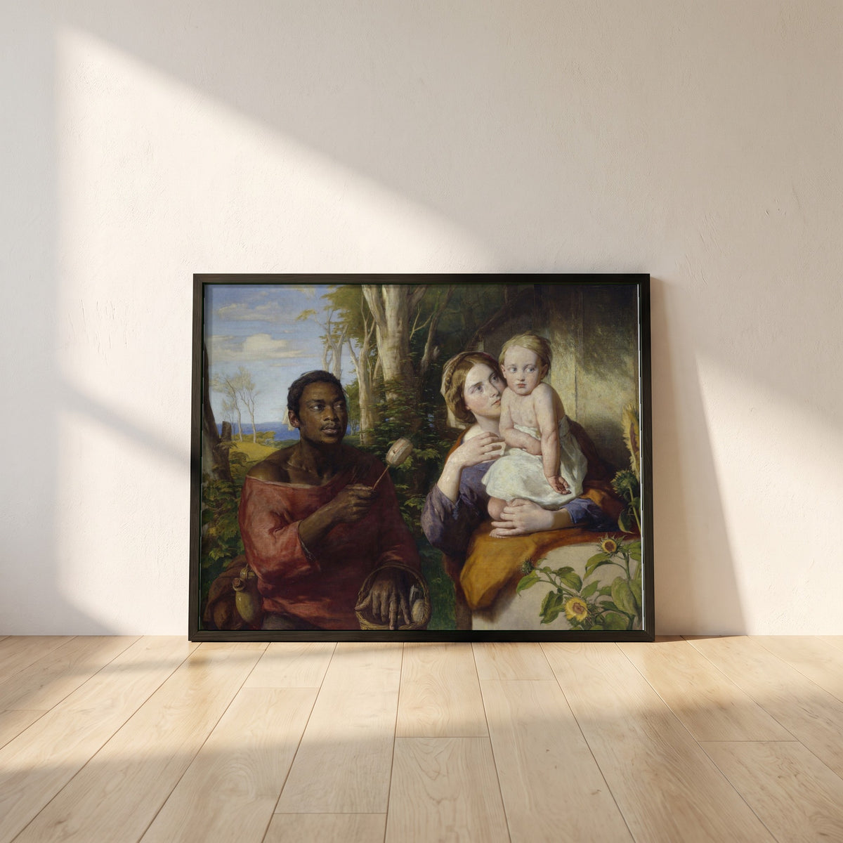 The Toy-Seller framed print in a black frame leaning against a white plaster wall on oak floorboards in morning light