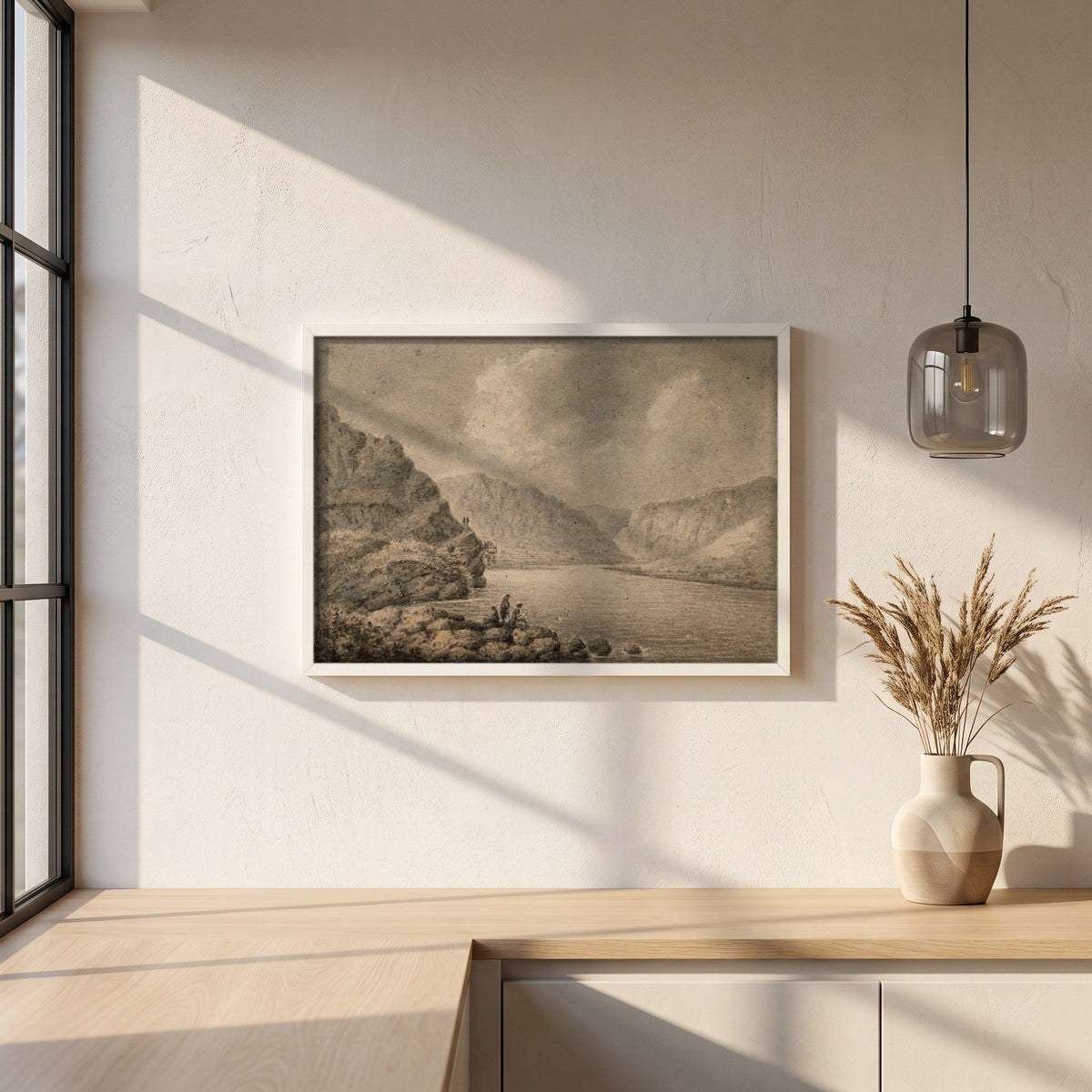 The Upper Lake, Glendalough framed print in a white frame on a plaster wall above an oak worktop in a bright Scandinavian kitchen
