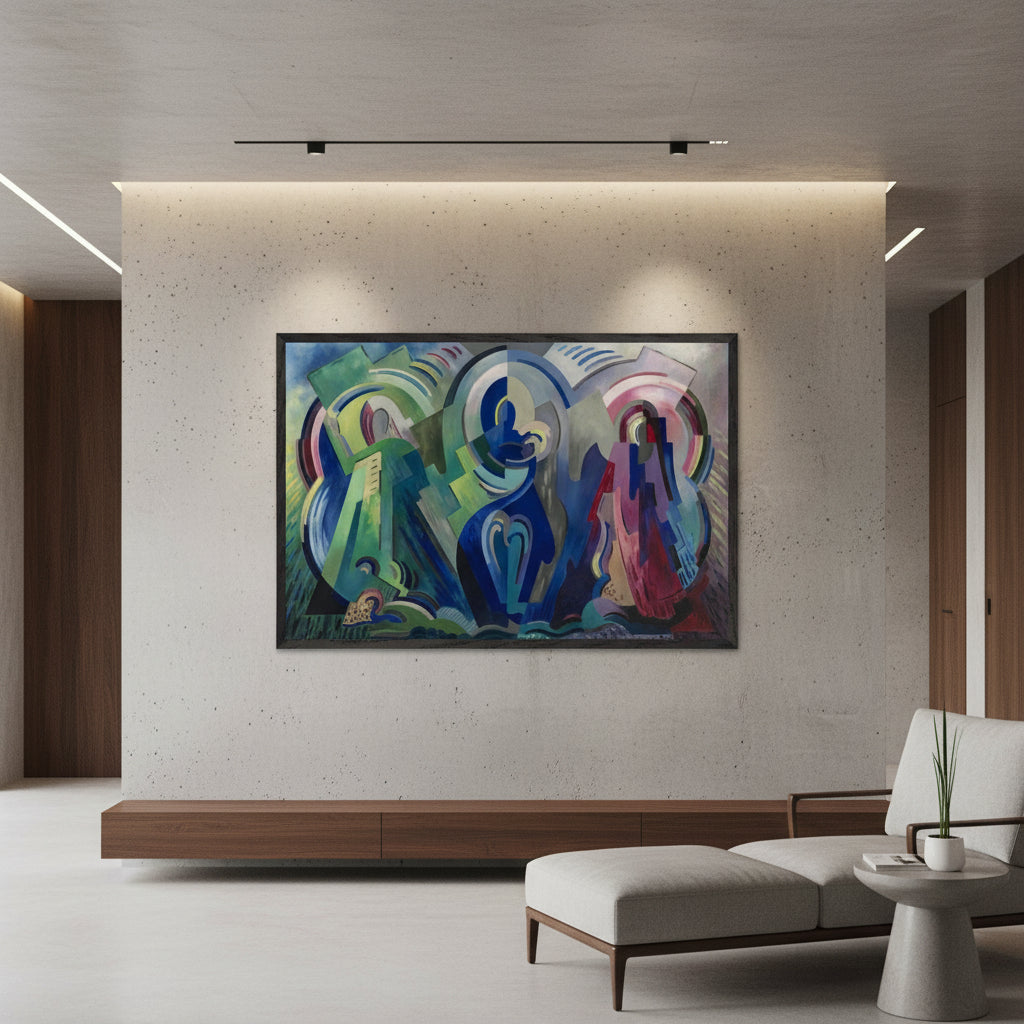 The Virgin of Éire by Mainie Jellett black framed print above a low bench in a minimalist lounge with a white wall