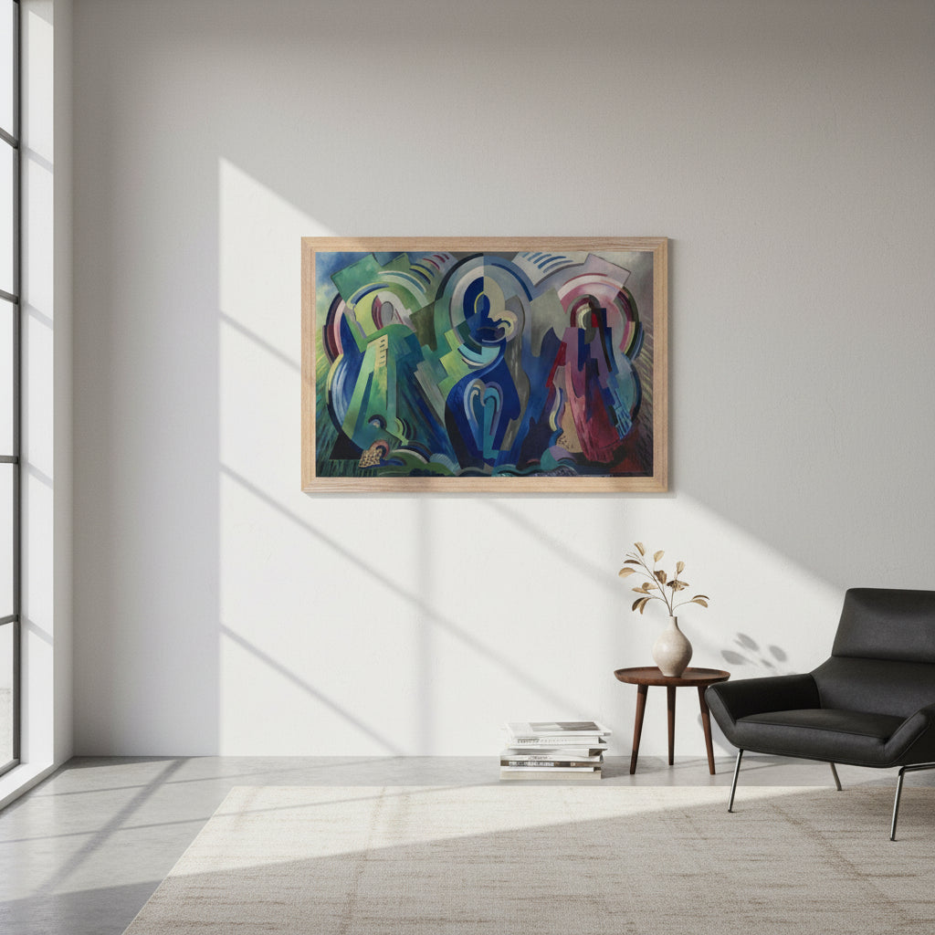 The Virgin of Éire by Mainie Jellett in an oak frame on a white wall beside a black armchair in a bright room