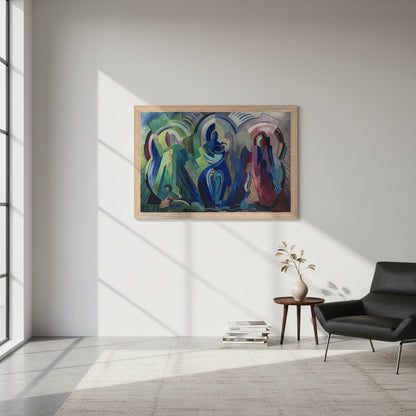 The Virgin of Éire by Mainie Jellett in an oak frame on a white wall beside a black armchair in a bright room