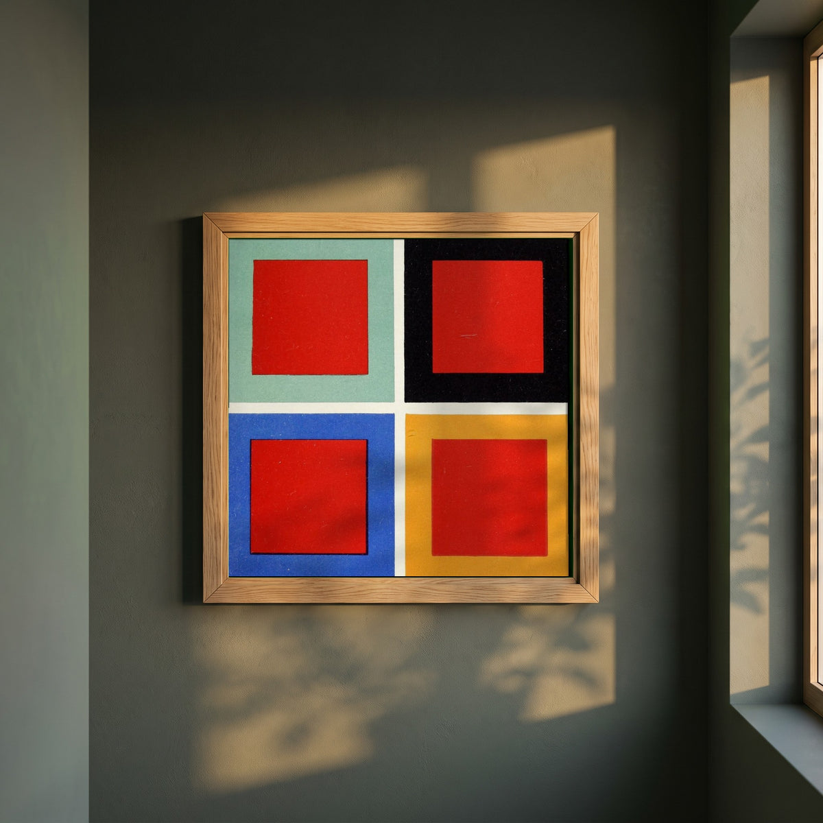 Tone and Hue framed print in a natural oak frame on a dark green wall beside a window, dappled plant shadow