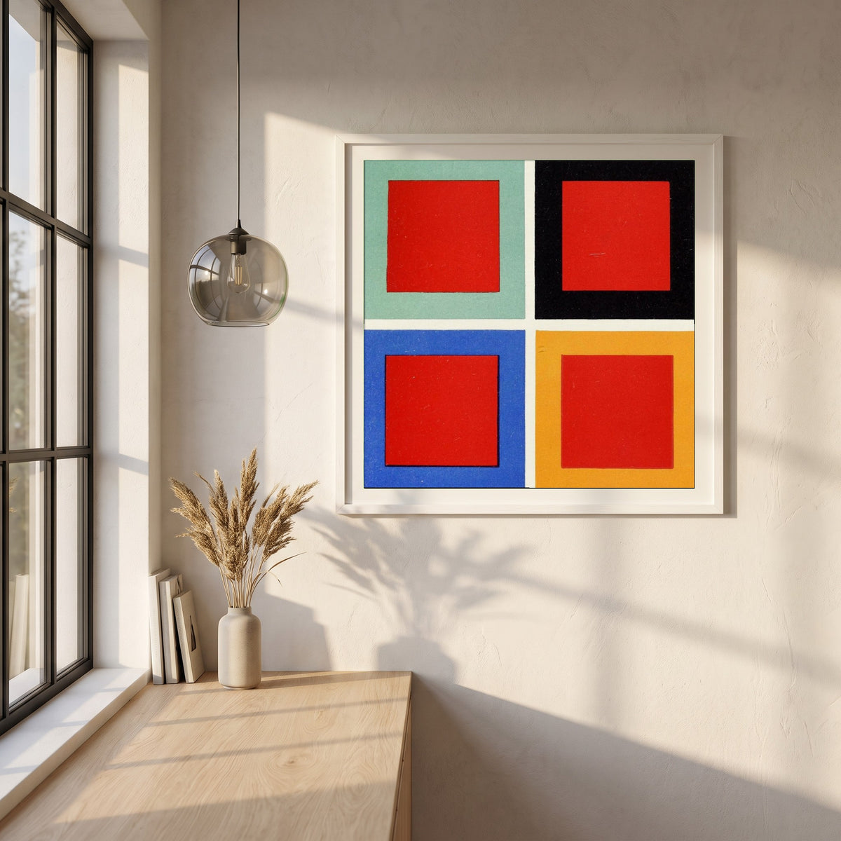 Tone and Hue framed print in a white frame on a plaster wall above an oak worktop in a bright Scandinavian kitchen