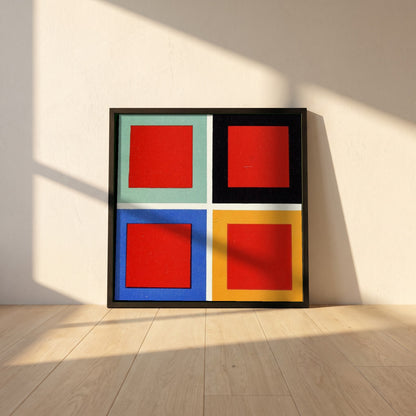 Tone and Hue framed print in a black frame leaning against a white plaster wall on oak floorboards in morning light