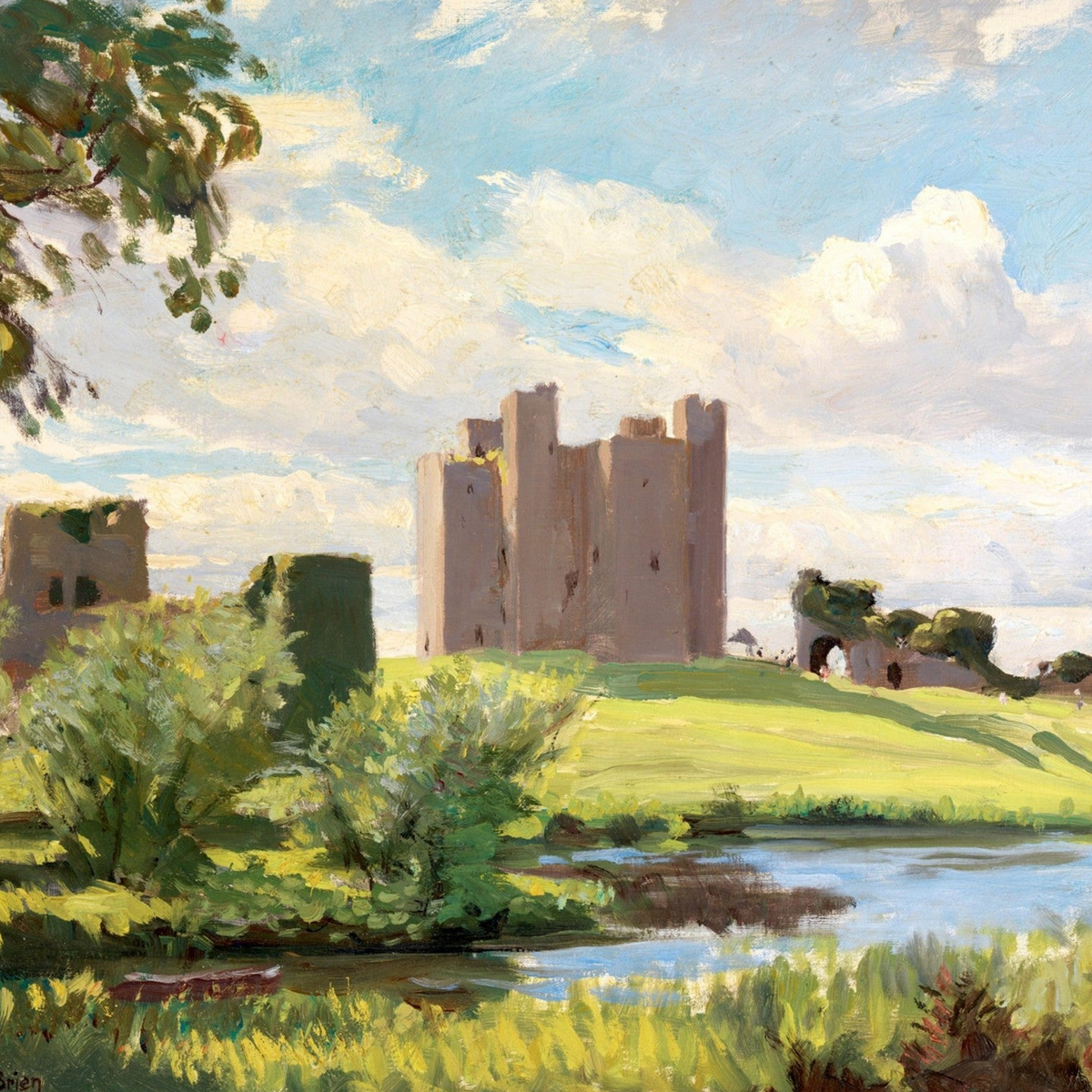 Detail of Trim Castle (1938) by Dermod O'Brien showing the castle towers, green bushes and river