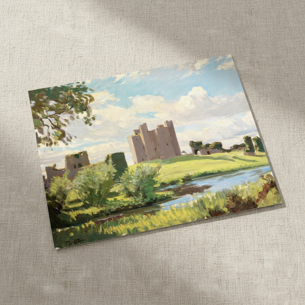 Trim Castle by Dermod O'Brien unframed print on textured linen, angled view in soft daylight