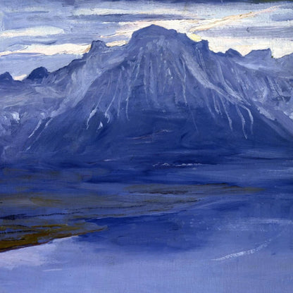 Detail of Twilight, Lake Geneva by Sir John Lavery showing the blue mountain peak and lake shore