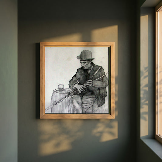 Uilleann Piper framed print in a natural oak frame on a dark green wall beside a window, dappled plant shadow